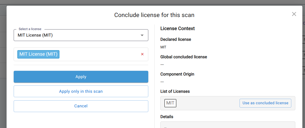 Conclude license for this scan: selection, apply options, and License Context