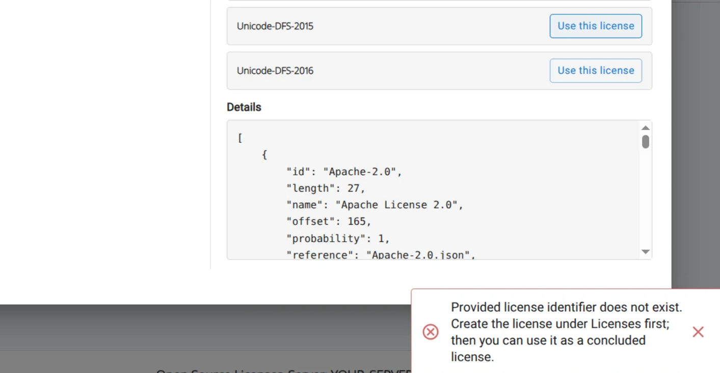 Warning when a concluded license identifier is not defined in the license database