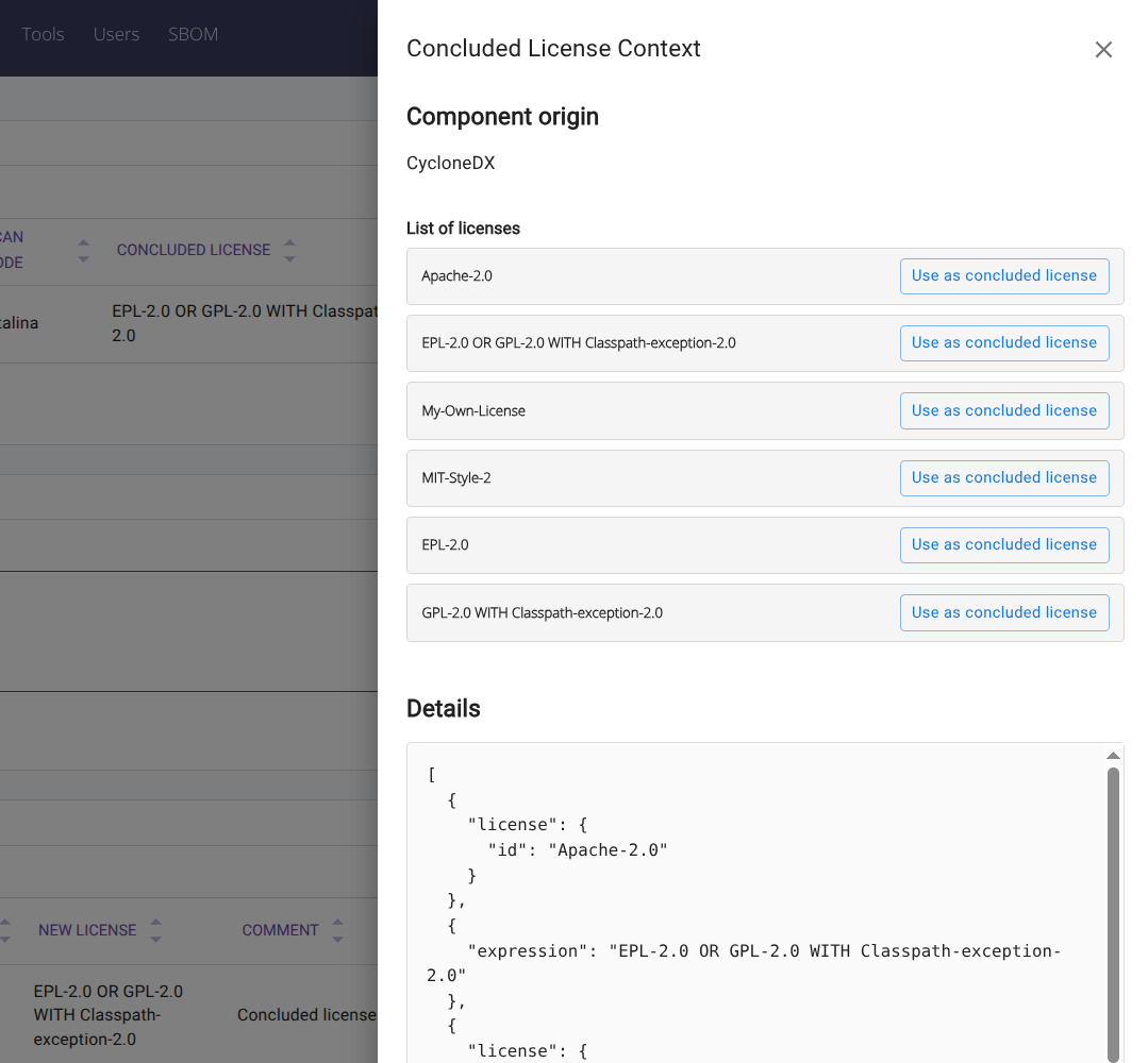 Concluded License Context: list of licenses from SBOM origin and raw details